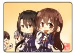  :d ^_^ ^o^ artist_name ashigara_(kantai_collection) belt belt_buckle black_dress black_hair brown_eyes brown_hair buckle chibi closed_eyes commentary_request dress fang food gloves grey_hair hair_between_eyes jacket japanese_clothes kaga_(kantai_collection) kantai_collection kasumi_(kantai_collection) long_hair long_sleeves military military_uniform multiple_girls nachi_(kantai_collection) onigiri open_mouth pinafore_dress purple_jacket remodel_(kantai_collection) revision shirt short_hair side_ponytail smile taisa_(kari) uniform white_gloves white_shirt 