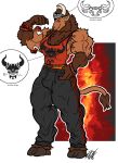  anthro bandanna bovine bulge cattle clothed clothing eda facial_piercing flexing horn hybrid looking_at_viewer male mammal muscular muscular_male nose_piercing piercing septum_piercing shirt smile solo standing tank_top track_pants veiny_muscles 