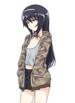  black_hair breasts camouflage_hoodie casual girls_und_panzer hairband hands_in_pockets highres hood hoodie jacket kotoyama long_hair midriff pleated_skirt reizei_mako simple_background skirt small_breasts solo white_background 