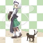  apron bangs black_apron black_cat blush brown_footwear carrying cat checkered chen chen_(cat) frilled_skirt frills green_eyes green_skirt grey_hair hair_ribbon hairband highres konpaku_youmu konpaku_youmu_(ghost) medium_skirt multiple_tails nekomata nunupon0514 outdoors parted_lips path pleated_skirt purple_hairband purple_ribbon ribbon road shirt shoes short_hair skirt sleeves_pushed_up smile socks tail tareme touhou two_tails vase walking white_legwear white_shirt 