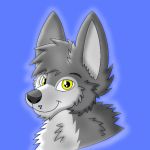  anthro black_nose blue_background canine cheek_tuft chin_tuft countershading digital_media_(artwork) fur grey_fur headshot_portrait looking_at_viewer male mammal multicolored_fur neck_tuft portrait simple_background smile solo tuft two_tone_fur wolf yellow_eyes 