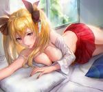  blonde_hair bow bra breasts cleavage copyright_request hair_between_eyes hair_bow highres indoors lens_flare lips long_hair looking_at_viewer medium_breasts off_shoulder on_bed parted_lips pleated_skirt red_eyes shogo_(shogo) skirt solo strap_slip sunlight sweat twintails underwear white_bra 