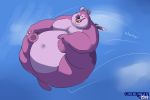 2018 3:2 alien back_markings back_spines blue_background cannonball_(lilo_and_stitch) digital_drawing_(artwork) digital_media_(artwork) disney experiment_(species) eyes_closed fur head_tuft hi_res jumping lakalando lilo_and_stitch markings obese open_mouth open_smile overweight pink_fur purple_nose simple_background sky smile solo tuft 