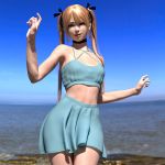  1girl 3d blonde_hair breasts cleavage dead_or_alive earrings female hair_ornament hair_ribbon jewelry light-skinned_female long_hair looking_at_viewer marie_rose ocean outdoors ribbon source_filmmaker tied_hair twintails v1z3t4 very_long_hair 