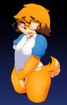  amputee anthro berseepon09 black_background blue_background blush breasts brown_fur canine covering covering_self dipstick_ears dog dog_(berseepon09) eye_patch eyewear female fur glasses gradient_background hair mammal orange_fur orange_hair portrait purple_eyes shirt_pull simple_background small_breasts sweat three-quarter_portrait 