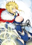  artoria_pendragon_(all) artoria_pendragon_(lancer) blonde_hair blue_dress braid breasts cleavage cloak collarbone crown dress fate/grand_order fate_(series) green_eyes large_breasts looking_at_viewer riding sami_(object_dump) solo thighhighs 
