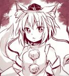  animal_ears bangs detached_sleeves eyebrows_visible_through_hair hat ibaraki_natou inubashiri_momiji looking_at_viewer monochrome pom_pom_(clothes) short_hair solo tail tail_raised tokin_hat touhou tree upper_body wolf_ears wolf_girl wolf_tail 