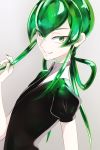  androgynous eyebrows_visible_through_hair gem_uniform_(houseki_no_kuni) glowing gradient gradient_background green_eyes green_hair highres houseki_no_kuni jade_(houseki_no_kuni) looking_at_viewer nail_polish necktie otton puffy_short_sleeves puffy_sleeves short_sleeves simple_background smile solo tied_hair 