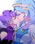  blue_eyes blue_hair commentary cure_ange earrings eye_contact hugtto!_precure imminent_kiss jewelry lips long_hair looking_at_another magical_girl multiple_girls negom ponytail precure purple_eyes purple_hair ruru_amour short_hair yakushiji_saaya yuri 