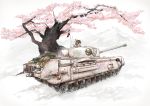  acrylic_paint_(medium) brown_eyes brown_hair bucket caterpillar_tracks cherry_blossoms churchill_(tank) commentary_request ground_vehicle headphones highres military military_vehicle mimit motor_vehicle mountain original shield tank traditional_media 