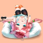  ahoge animal_ear_fluff animal_ears bike_shorts blue_eyes breasts cat_ears controller downblouse game_controller hair_bobbles hair_ornament highres hinata_channel long_hair lying mismatched_legwear nekomiya_hinata on_back open_mouth orange_legwear pillow pink_background pink_hair playstation_controller shorts simple_background small_breasts smile solo sprygon striped striped_legwear thighhighs twintails vest virtual_youtuber watch white_vest wristwatch 