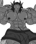  anthro big_bulge breath briefs bulge clothing dragon eda exercise greyscale horn looking_at_viewer male monochrome muscular muscular_male pecs solo sweat underwear weightlifting workout 