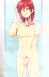  1boy bathroom boku_no_hero_academia flaccid male_focus nude penis red_hair shower smile solo steam towel 