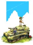  acrylic_paint_(medium) bucket caterpillar_tracks cloud commentary_request day flower fv304 grass ground_vehicle hat highres military military_vehicle mimit motor_vehicle multiple_girls original shovel sky tank traditional_media witch_hat 