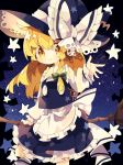 apron black_dress blonde_hair bow braid broom buttons commentary dress frilled_dress frills green_bow hair_bow hat hat_bow highres kirisame_marisa long_hair long_sleeves nikorashi-ka sky smile solo star star_(sky) star_in_eye starry_sky symbol_in_eye touhou waist_apron white_bow witch_hat yellow_eyes 