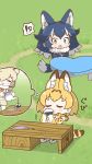  3girls alpaca_suri_(kemono_friends) animal_ears blonde_hair blue_hair chibi closed_eyes commentary_request derivative_work drinking fang fur_trim grass grey_wolf_(kemono_friends) heterochromia highres imagining ink inkwell kemono_friends kemono_friends_pavilion multicolored_hair multiple_girls open_mouth pouring quill screencap_redraw serval_(kemono_friends) serval_print serval_tail sitting spoken_interrobang surprised table tail tanaka_kusao teapot thought_bubble two-tone_hair white_hair wolf_ears 