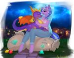 2018 5_fingers barefoot breasts claws clothed clothing detailed_background dragon duo equine fan_character female feral hooves horn male mammal my_little_pony night outside purple_scales savemekitty scales scalie sky smile spines spyro spyro_the_dragon star starry_sky unicorn video_games western_dragon 