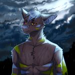  2018 anthro bat brown_fur chest_tuft clothed clothing depression digital_media_(artwork) flying_fox franset fruit_bat fur hair male mammal outside portrait purple_eyes raining sad solo specter_koen standing stripes topless tuft white_hair wings 