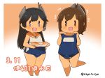  black_hair blue_swimsuit brown_eyes brown_hair capriccyo clothes_in_front commentary_request full_body gradient gradient_background hair_ornament hairclip headgear highres i-400_(kantai_collection) i-401_(kantai_collection) kantai_collection long_hair looking_at_viewer multiple_girls name_tag one-piece_swimsuit one-piece_tan open_mouth orange_background orange_sailor_collar ponytail purple_eyes sailor_collar sailor_shirt school_swimsuit shirt short_ponytail sleeveless sleeveless_shirt smile swimsuit swimsuit_removed swimsuit_under_clothes tan tanline twitter_username white_background 