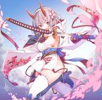  bangs breasts cherry_blossoms commentary_request day earrings floral_print grey_hair hairband holding holding_sword holding_weapon horns japanese_clothes jewelry katana konnyaku_(kk-monmon) large_breasts looking_at_viewer obi oni_horns original outdoors pelvic_curtain pointy_ears red_eyes ribbon-trimmed_legwear ribbon_trim sash sheath shiny shiny_hair short_hair sideboob silver_hair solo sword thick_eyebrows thighhighs thighs unsheathing weapon white_legwear 