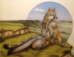  2018 5_fingers anthro armlet belt black_nose bracelet braided_hair brown_eyes canine claws digital_media_(artwork) digitigrade female fox fur grass grey_fox grey_fur hair jewelry knife mammal pawpads purse solo teiirka traditional_media_(artwork) 