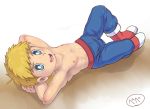  1boy blonde_hair blue_eyes child doraemon flock male_focus muscle nipples shirtless smile takeru33 