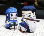  1boy 1girl ainu ainu_clothes asirpa black_hair blue_eyes blurry covered_mouth depth_of_field facial_scar golden_kamuy gun hair_slicked_back hat highres knees_up long_hair military military_uniform muumin_(muumin_craft) ogata_hyakunosuke papercraft photo scar scar_on_cheek short_hair sitting uniform weapon 