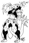  abs anthro big_biceps breasts clothed clothing dragon eda english_text female flexing greyscale hair horn monochrome muscular muscular_female smile solo standing text wide_hips 