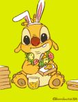  2016 3_toes alien antennae black_eyes bread buckteeth butter_knife dipstick_antennae disney easter easter_egg experiment_(species) fake_ears fake_rabbit_ears food gold_body holding_food holding_object holidays jar kurokuma824 lei lilo_and_stitch looking_at_viewer red_nose reuben sandwich_(food) simple_background sitting solo teeth toes yellow_background 