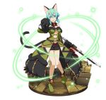  animal_ears aqua_eyes aqua_hair black_gloves black_ribbon black_shorts breasts cat_ears cat_tail choker detached_sleeves faux_figurine full_body gloves gun hair_between_eyes hair_ribbon head_tilt holding holding_gun holding_weapon looking_at_viewer medium_breasts official_art open_mouth paw_gloves paws ribbon rifle shoes short_hair_with_long_locks short_shorts shorts sidelocks simple_background sinon solo standing strapless sword_art_online sword_art_online:_code_register tail underboob weapon white_background 