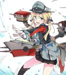  anchor_hair_ornament aqua_eyes black_ribbon black_skirt blonde_hair cannon foreshortening gloves hair_ornament hat ixy kantai_collection low_twintails machinery microskirt military military_hat military_uniform open_mouth outstretched_arm peaked_cap pleated_skirt prinz_eugen_(kantai_collection) ribbon rigging skirt solo twintails uniform white_background white_gloves 