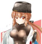  blush bow breasts brown_eyes brown_hair closed_mouth commentary_request eyebrows_visible_through_hair hair_between_eyes hair_ornament hairclip kantai_collection large_breasts long_hair long_sleeves looking_at_viewer papakha pia_(botamochinjufu) red_eyes shirt simple_background solo star tashkent_(kantai_collection) twintails white_background 