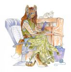  2018 ambiguous_gender anthro blue_eyes cat clothed clothing dhstein duo feline female feral hyena mammal traditional_media_(artwork) 