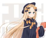  abigail_williams_(fate/grand_order) bangs black_bow black_dress black_hat blonde_hair blue_eyes blush bow closed_mouth commentary_request dress fate/grand_order fate_(series) forehead hair_bow hat highres holding holding_stuffed_animal kohakope long_hair long_sleeves looking_at_viewer orange_bow parted_bangs polka_dot polka_dot_bow sleeves_past_fingers sleeves_past_wrists smile solo stuffed_animal stuffed_toy teddy_bear very_long_hair 