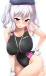  absurdres bad_anatomy bare_arms bare_legs beret blue_eyes blush breasts clothes_writing collarbone commentary competition_swimsuit cowboy_shot gloves hair_between_eyes hand_on_hip hat highres kantai_collection kashima_(kantai_collection) large_breasts long_hair looking_at_viewer name_tag one-piece_swimsuit open_mouth short_hair sidelocks silver_hair solo swimsuit tsurime twintails wavy_hair white_gloves wide_hips yoshi_tama 