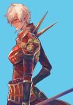  armor closed_mouth commission dragoon_(final_fantasy) earrings elezen elf facial_tattoo final_fantasy final_fantasy_xiv jewelry looking_at_viewer pointy_ears polearm preyanan_suwanpramote profile red_eyes short_hair silver_hair simple_background smile solo spear standing tattoo weapon 