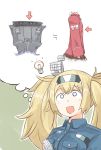  blonde_hair blue_eyes blue_shirt breast_pocket breasts commentary_request directional_arrow enjaku_izuku flat_chest gambier_bay_(kantai_collection) hair_ornament hands_together highres imagining japanese_clothes kantai_collection kariginu large_breasts light_bulb long_hair open_mouth pocket red_shirt ryuujou_(aircraft_carrier) ryuujou_(kantai_collection) shirt solo thought_bubble twintails upper_body 