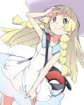  bag blonde_hair braid dress duffel_bag green_eyes hat ixy lillie_(pokemon) long_hair poke_ball_theme pokemon pokemon_(game) pokemon_sm simple_background sleeveless sleeveless_dress smile solo sun_hat twin_braids white_background white_dress white_hat 