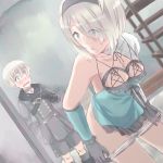  1boy 1girl android blue_eyes blush breasts cleavage gloves medium_breasts nier_(series) nier_automata nightgown panties panty_pull silver_hair underwear yorha_no._2_type_b yorha_no._9_type_s 