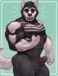  2018 abs anthro balls black_fur canine dog erection flexing foreskin fur hi_res humanoid_penis kalchivo male mammal muscular muscular_male nude partially_retracted_foreskin pecs penis pinup pose solo uncut vein white_fur wolf 