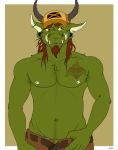  anthro arcarc armpit_hair belt clothed clothing dragon ear_piercing facial_hair goatee hair hat long_hair male muscular muscular_male piercing red_hair redneck sabbath scruffy solo tattoo topless yellow_sclera 