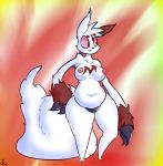  anthro belly big_arms breasts claws clothing female fur navel nintendo nipples overweight overweight_female pok&eacute;mon pok&eacute;mon_(species) red_fur slightly_chubby solo thong toot underwear video_games white_fur zangoose 