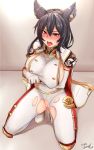  [joosi] animal_ears asymmetrical_gloves black_gloves black_hair blush breasts brown_eyes cape elbow_gloves erune gloves granblue_fantasy hair_between_eyes highres ilsa_(granblue_fantasy) kneeling large_breasts long_hair long_sleeves military military_uniform no_bra no_panties nose_blush open_mouth pants pussy pussy_juice red_eyes sideboob single_elbow_glove solo tongue tongue_out torn_clothes torn_pants uniform white_gloves white_pants 
