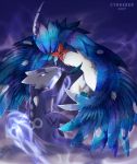  2017 alolan_marowak blue_feathers cosmic_feathers cynderen decidueye digital_media_(artwork) duo feathered_wings feathers feral holding_object nintendo pok&eacute;mon pok&eacute;mon_(species) regional_variant sky star starry_sky video_games wings 