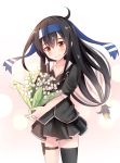  black_hair black_legwear blazer blush cuiseika flower hatsushimo_(kantai_collection) headband highres jacket jewelry kantai_collection long_hair low-tied_long_hair pleated_skirt remodel_(kantai_collection) ring school_uniform single_thighhigh skirt smile solo thighhighs wedding_band yellow_eyes 