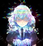  androgynous black_background blue_eyes commentary_request diamond_(houseki_no_kuni) gem_uniform_(houseki_no_kuni) half-closed_eyes highres houseki_no_kuni looking_down multicolored_hair nana_ph7 necktie puffy_short_sleeves puffy_sleeves shards short_hair short_sleeves smile solo sparkle 