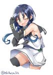  ;d armpits black_gloves black_legwear black_neckwear black_sailor_collar blue_hair cowboy_shot ebifurya elbow_gloves gloves green_eyes hair_ribbon hand_on_own_arm highres kantai_collection long_hair low_twintails miniskirt neckerchief one_eye_closed open_mouth ribbon sailor_collar school_uniform serafuku simple_background skirt sleeveless smile solo suzukaze_(kantai_collection) thighhighs twintails twitter_username white_background white_skirt 