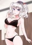  :d bare_arms bare_shoulders beret black_bra black_hat black_panties blush bra breasts cleavage collarbone cosaten cowboy_shot hand_up hat indoors kantai_collection kashima_(kantai_collection) large_breasts lingerie looking_at_viewer navel open_mouth panties shiny shiny_hair shiny_skin short_hair short_twintails sidelocks silver_hair smile solo standing stomach thigh_gap twintails underwear underwear_only wavy_hair 