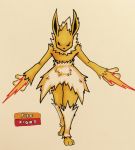  2017 3_fingers 3_toes ambiguous_gender angry anthro anthrofied biped black_eyes black_nose eeveelution english_text fak&eacute;mon fighting_stance fire firefightdex front_view full-length_portrait fur hatching_(technique) head_tuft hi_res jolteon leg_tuft long_ears looking_at_viewer mammal marker_(artwork) mfanjul mixed_media multicolored_fur neck_tuft nintendo no_sclera pen_(artwork) pok&eacute;mon pok&eacute;mon_(species) pok&eacute;morph portrait pseudo_clothing shadow simple_background slim small_waist solo standing text toes toony traditional_media_(artwork) tuft two_tone_fur video_games white_background white_fur yellow_fur 