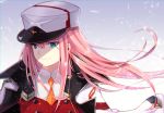  aqua_eyes bangs commentary darling_in_the_franxx double-breasted eyebrows_visible_through_hair eyeshadow hair_blowing hat jacket_on_shoulders long_hair makeup military military_hat military_uniform orange_neckwear pink_hair red_shirt shade shiny shiny_hair shirt smile solo straight_hair uniform zakkubaran zero_two_(darling_in_the_franxx) 